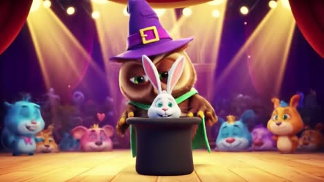 a magical performance featuring an enchanting owl and a magical rabbit in a lively stage setting with colorful audience characters captivated by the act