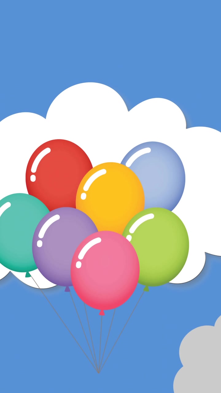 Animazione di palloncini volanti sopra le nuvole su sfondo blu