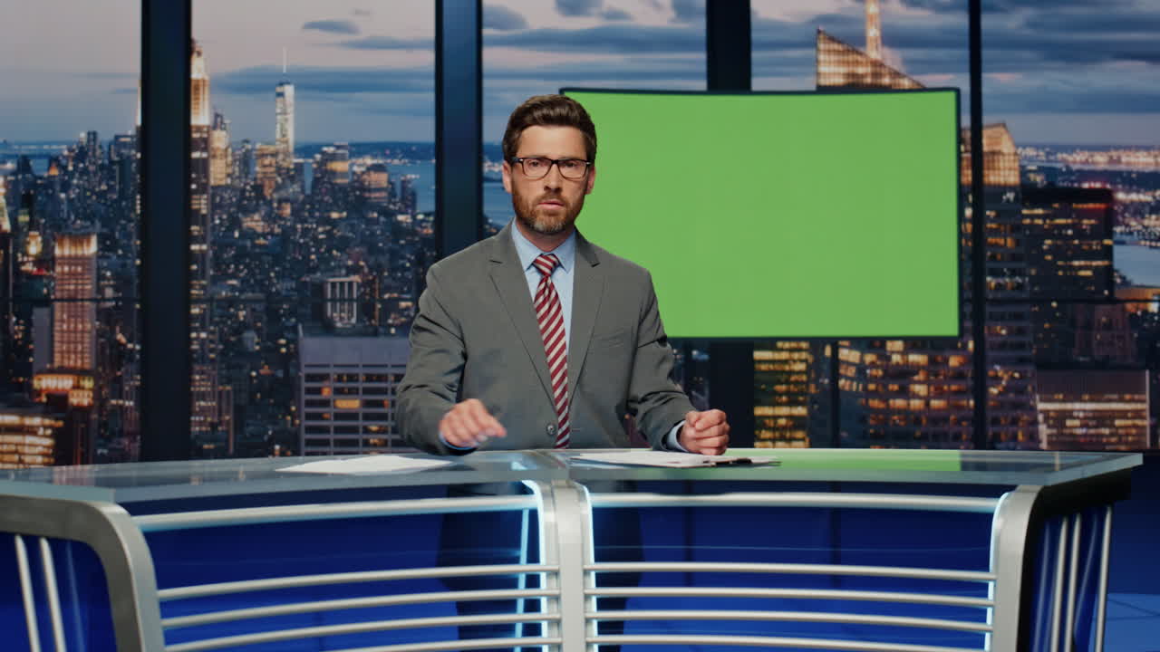 el presentador muestra una pantalla verde reportando noticias de última hora en el estudio del canal de televisión.