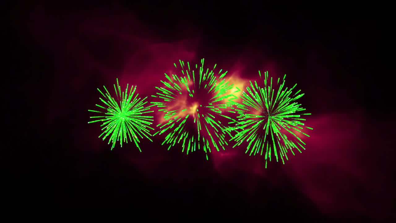 Animation of green fireworks bursting over vibrant pink and black background
