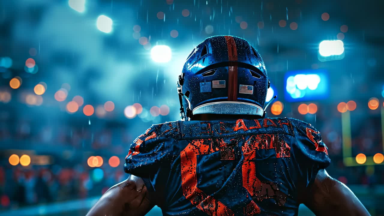 Un jugador de fútbol americano de pie bajo la lluvia por la noche. Un jugador de fútbol americano con una camiseta azul está de pie bajo una intensa lluvia durante un partido nocturno. Las luces de la ciudad brillan al fondo