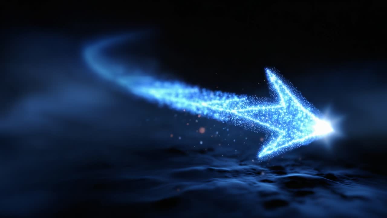 A mesmerizing visual journey through a sparkling blue arrow, illuminating the dark waves with a trail of shimmering light, invoking a sense of wonder and motion