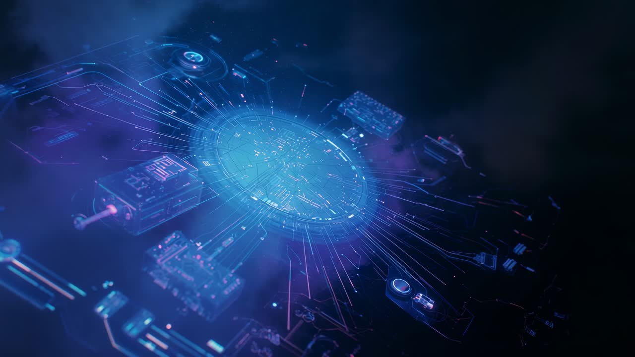 Opening void revealing neon hub pulsing conduits through purple mist, signaling data flow