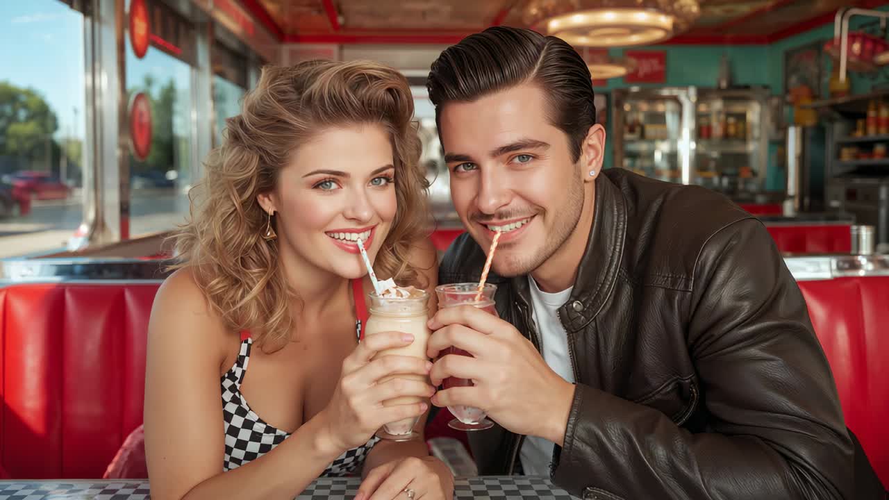 Zoom de cámara a una pareja bebiendo batidos y posando en un restaurante, con un top de cuadros y un abrigo marrón
