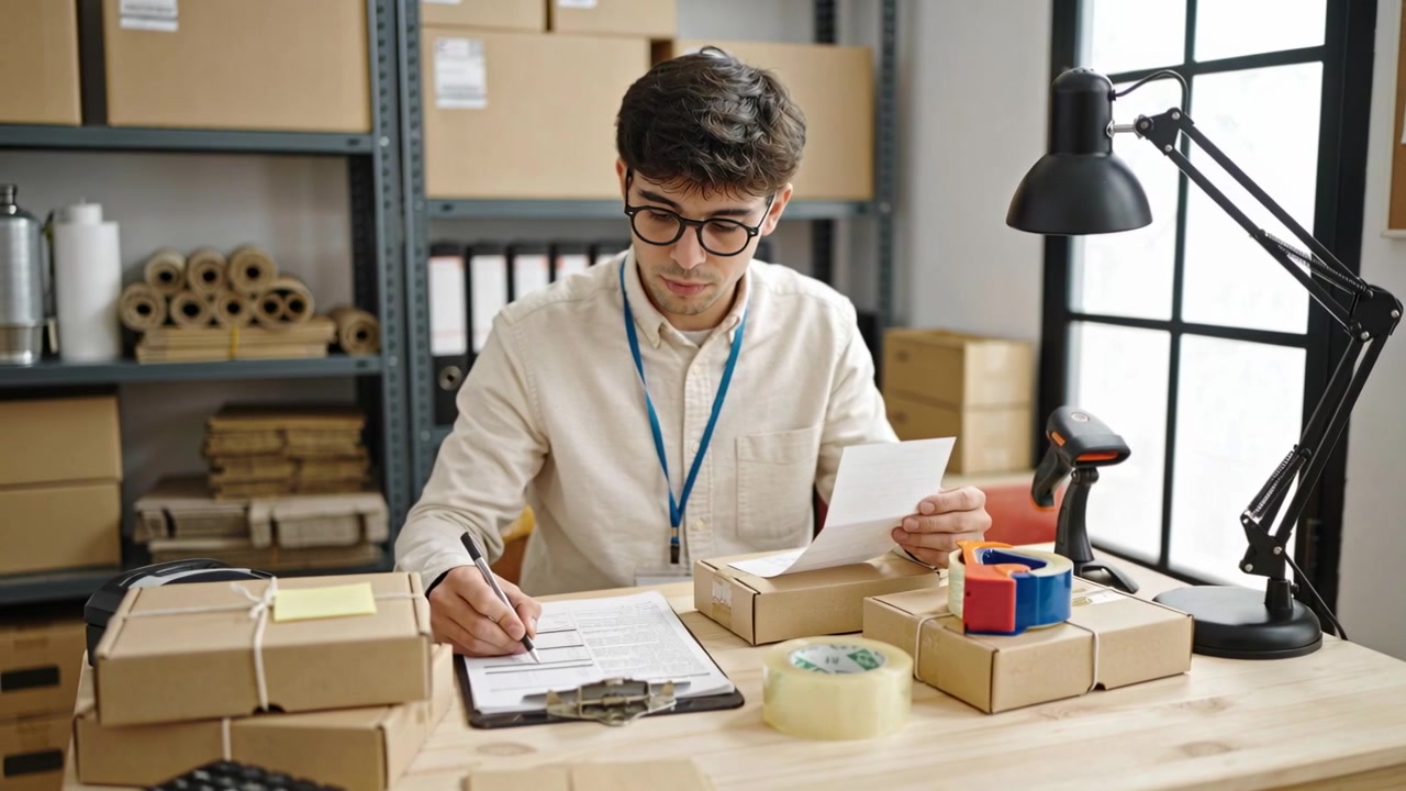 Controllando il foglio, addetto all'imballaggio con cordino e occhiali che scrive su un blocco appunti alla scrivania dell'imballaggio, preparando pacchi.