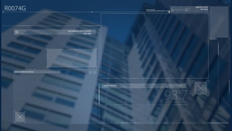 animación de la interfaz con el procesamiento de datos frente a una vista de ángulo bajo de un edificio alto