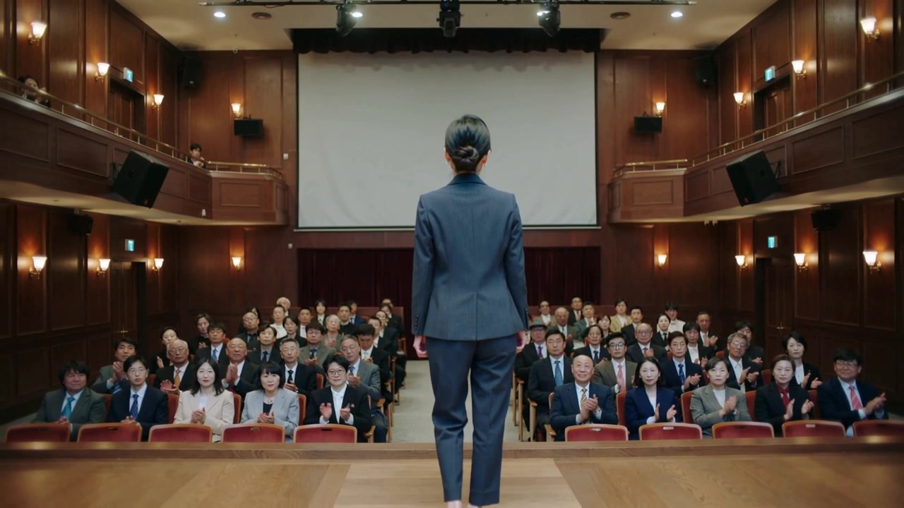 Donna in tailleur blu navy con spilla sul risvolto, che riceve applausi mentre cammina al centro su un palco rialzato, preparandosi per il discorso.