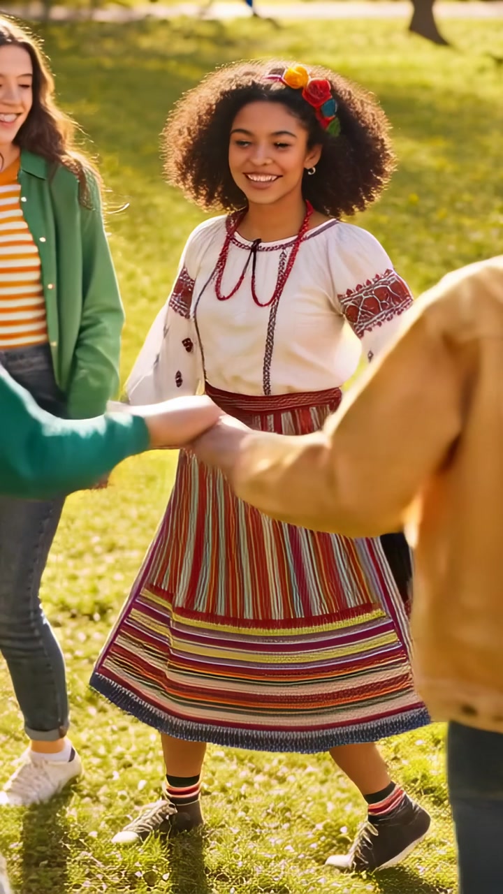 Vertical video: Linking hands teenagers dancing clockwise on sunny park lawn, showing striped skirt
