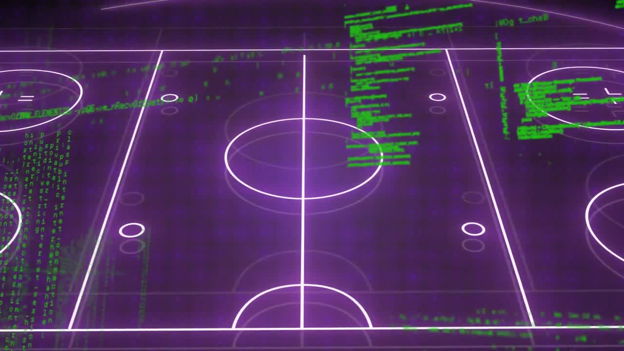 Animation of illuminated sports court over computer language against abstract background