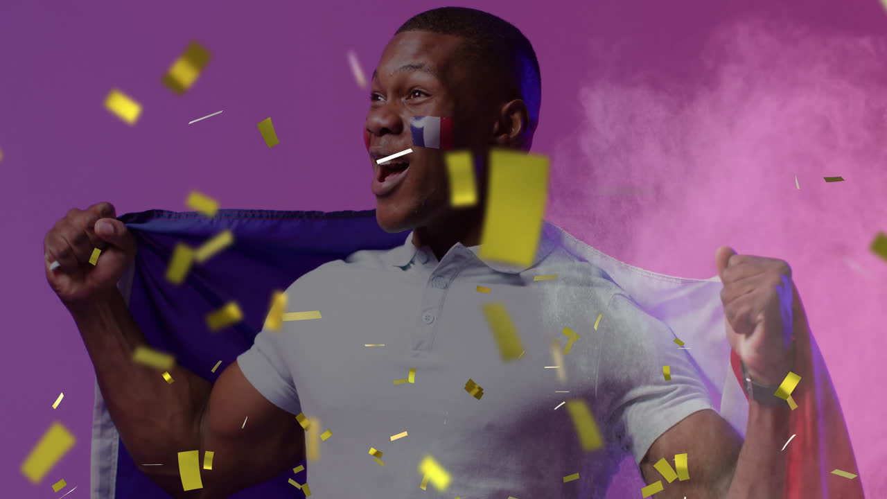 Animation of confetti over african american male supporter with flags of france