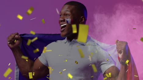 animación de confeti sobre partidario masculino afroamericano con banderas de francia