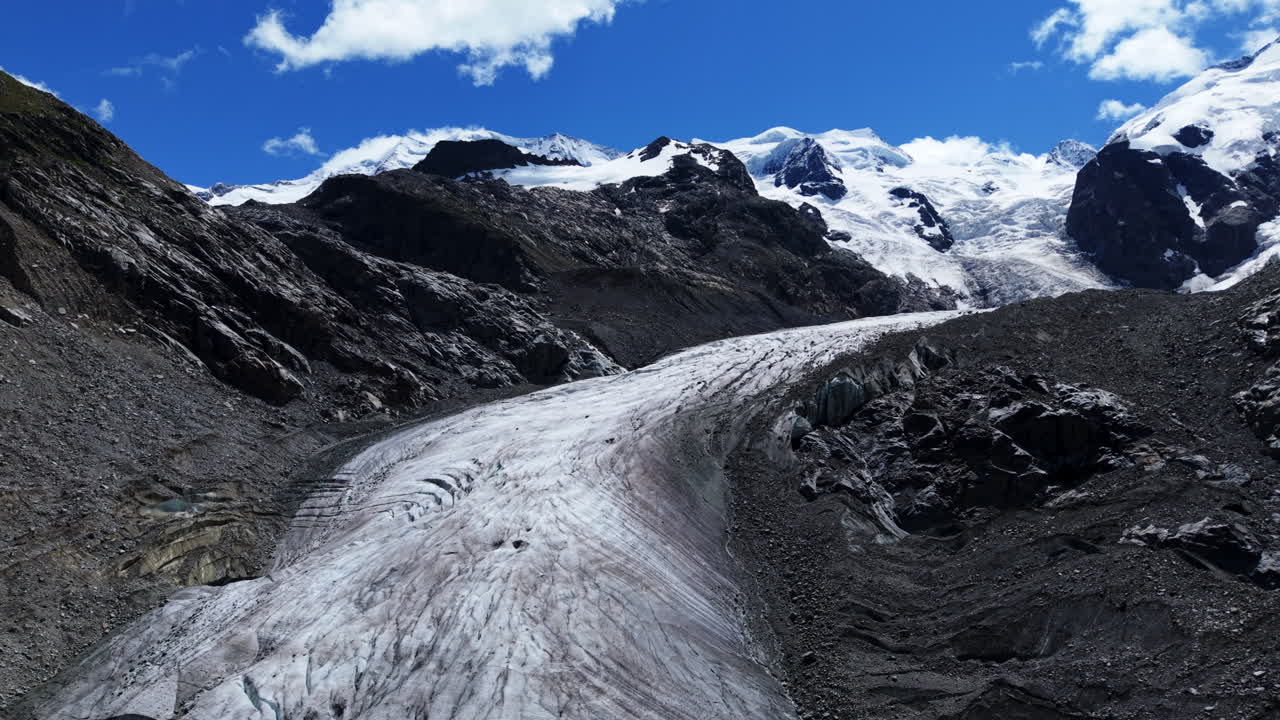 A scenic view of Morteratsch Glacier under a bright sky in Switzerland