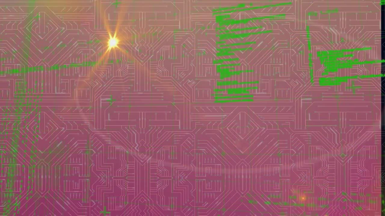 디지털 컴퓨터 언어의 애니메이션과 그래픽 회로 보드 위로 움직이는 조명 빛