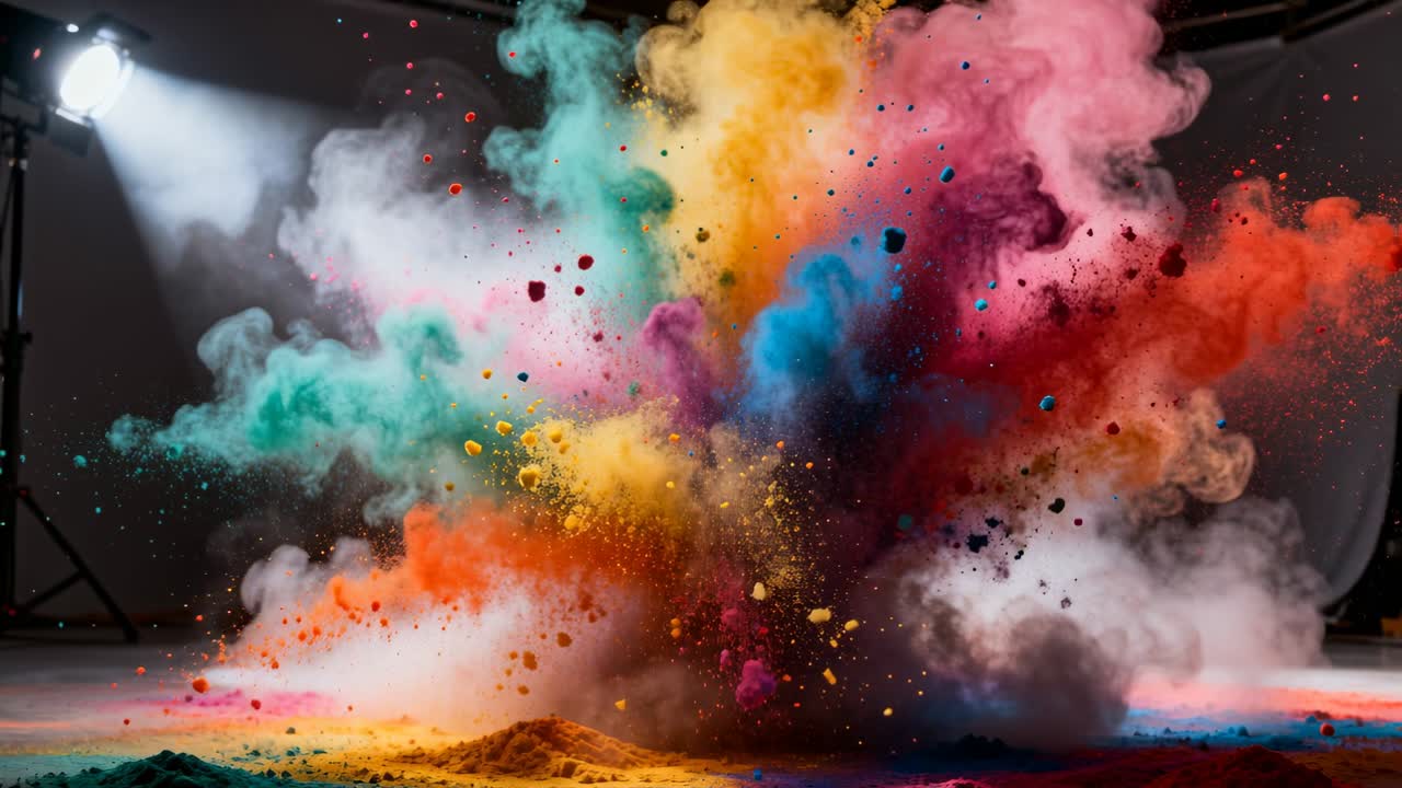 Nube de polvo de color que estalla, elevándose y expandiéndose desde el centro del suelo en un estudio con luz para producción.