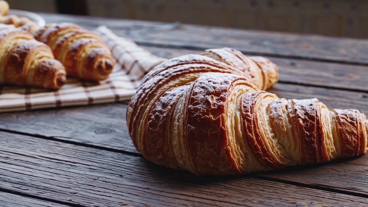 Deliziosi croissant dorati spolverati di zucchero a velo su un tavolo di legno rustico