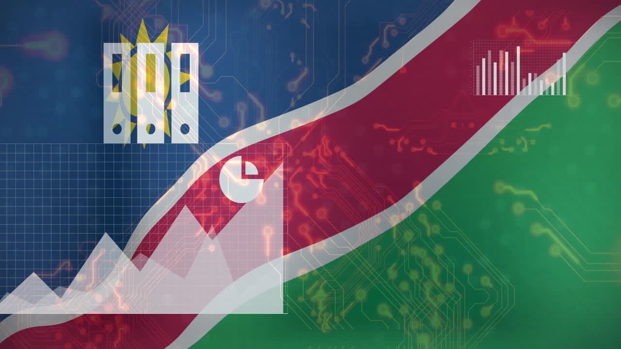 나미비아 발과 금융 데이터 차트 및 회로 보드 애니메이션