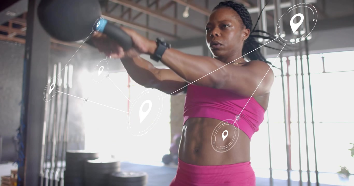 Gripping kettlebell hinging hips athletic woman swinging visualizing fitness metrics via nodes