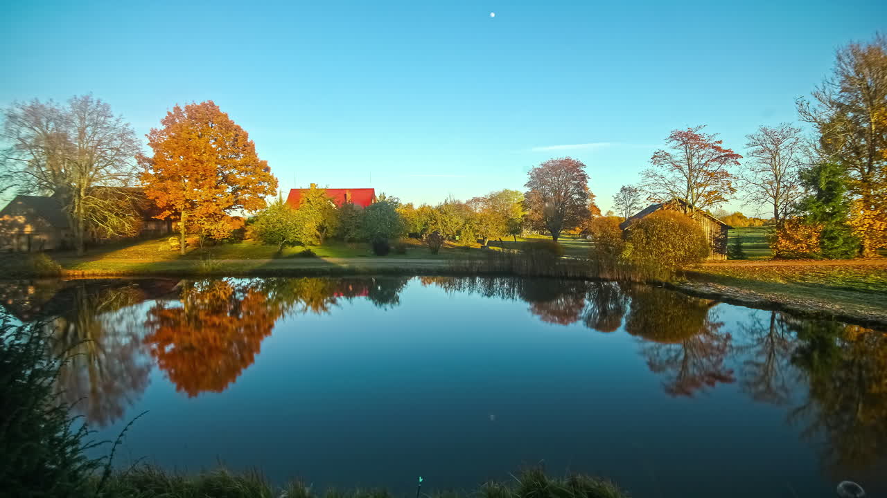 Time-lapse optagelse af huse ved en sø, fra morgen til aften på en efterårsdag