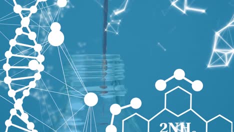 Animation-of-chemical-formulas-and-dna-over-liquid-pouting-into-bottle-on-blue-background