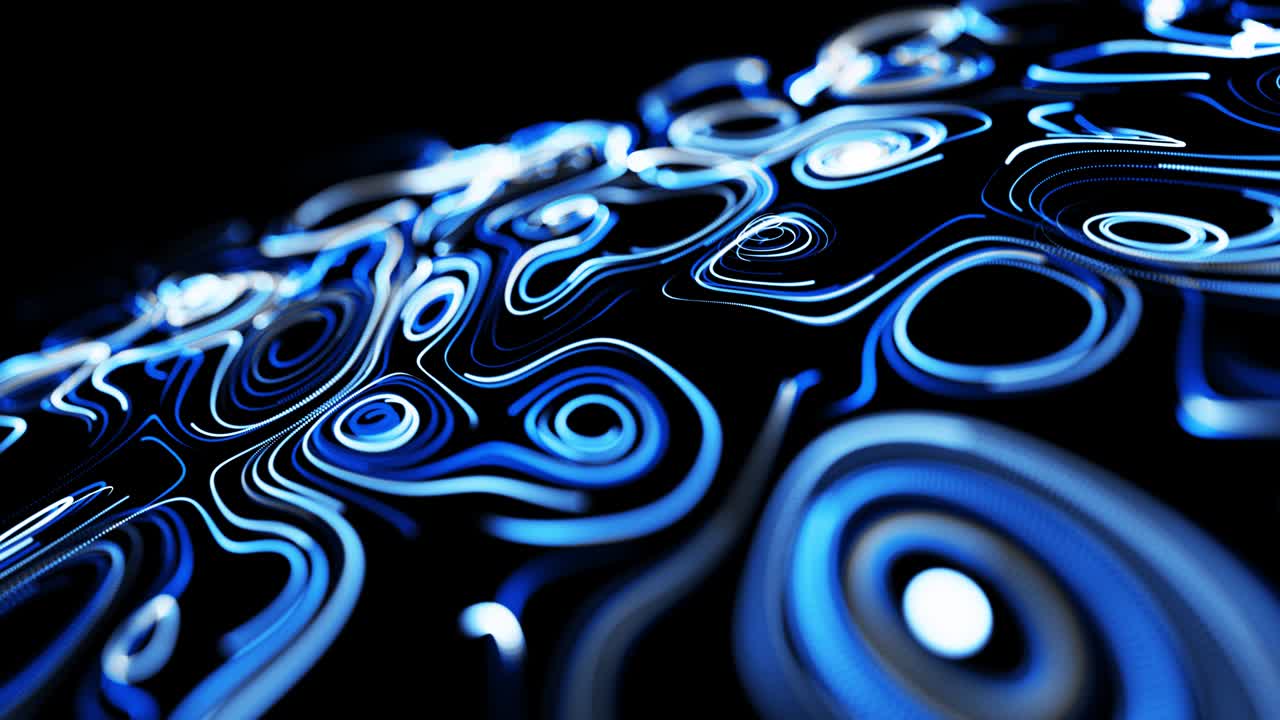 추상적인 3d 루프 배경은 선과 함께 빛의 줄무와 함께 곱슬 소음과 같은 회전 패턴을 형성합니다. 입자의 흐름은 파란 빛의 흔적과 같은 곱슬 선을 형성 합니다. 추상적인 선의 아름다운 회전.