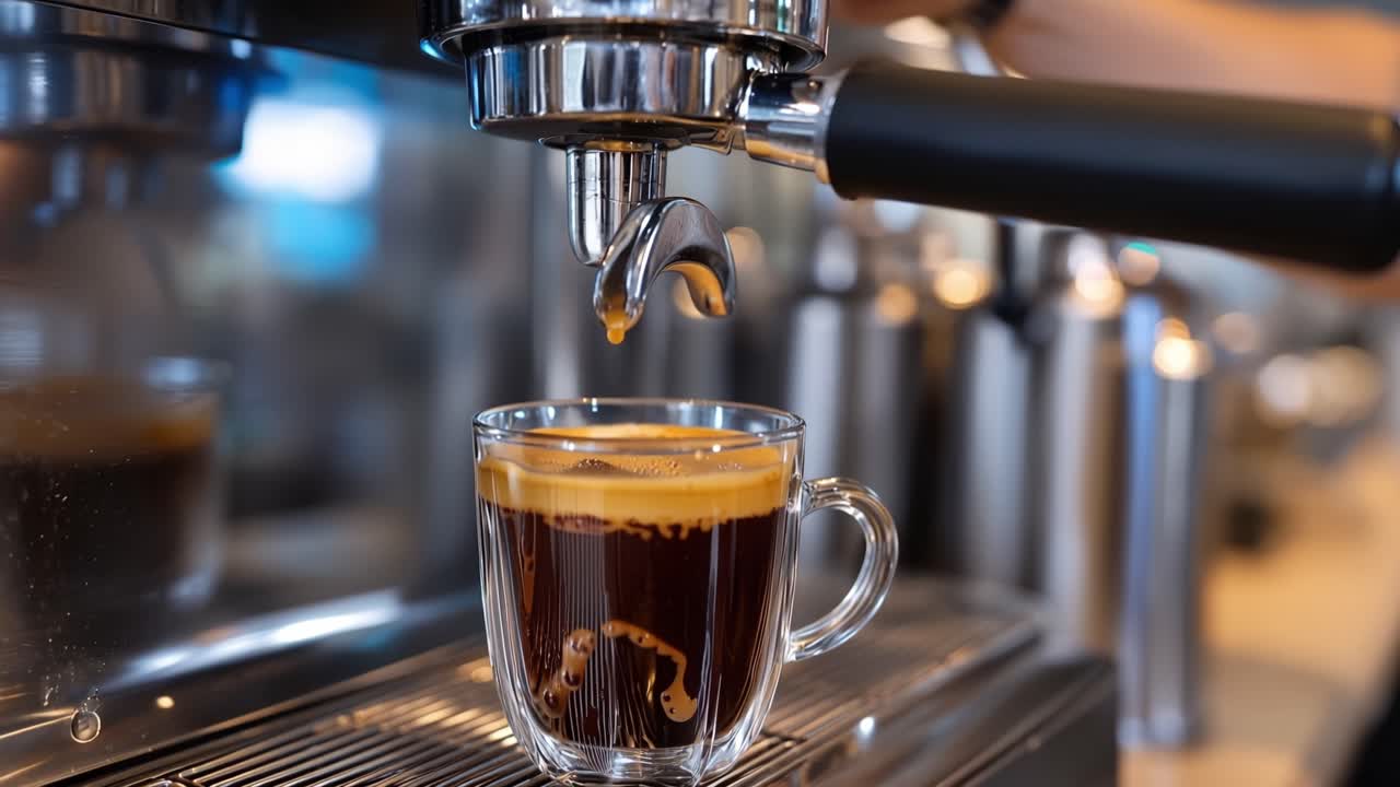 Expresso encorpado é derramado em uma xícara de vidro transparente. A máquina fumegante pinga café lenta e constantemente. A luz quente reflete em superfícies polidas. Um momento focado, calmo e preciso capturado. Ideal para cenas de cafeteria