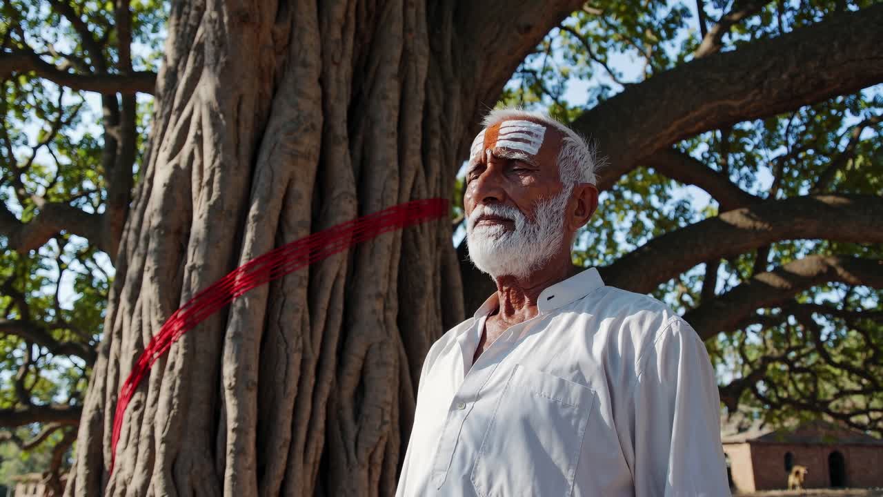 Elderly Indian male in pristine white clothing standing near sacred tree marked with crimson ribbon, representing cultural spiritual connection and traditional reverence