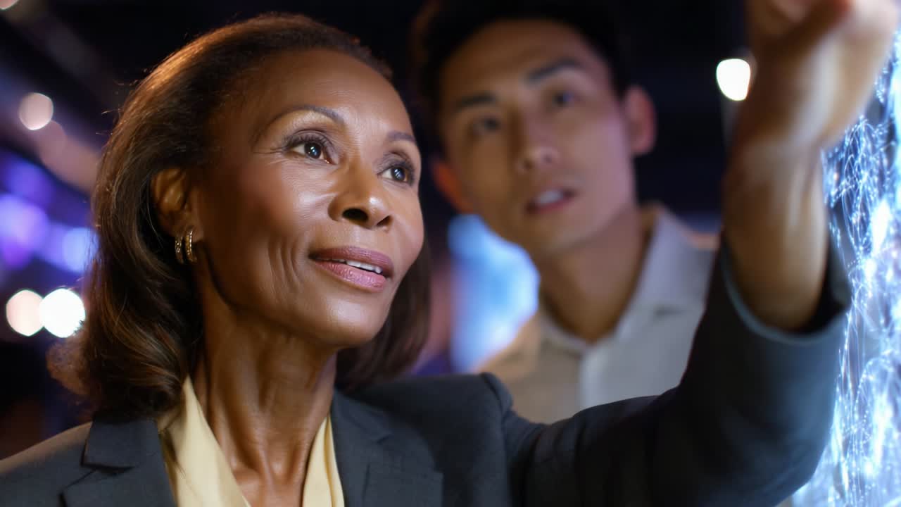 An engaged professional woman interacts with a digital display, exploring technology and innovation alongside a focused colleague in a modern setting emphasizing collaboration and advancement
