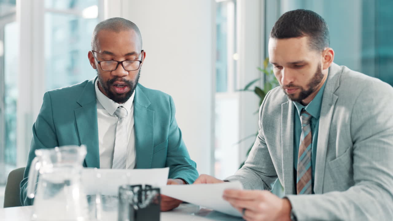 Two businessmen in a meeting discussing documents