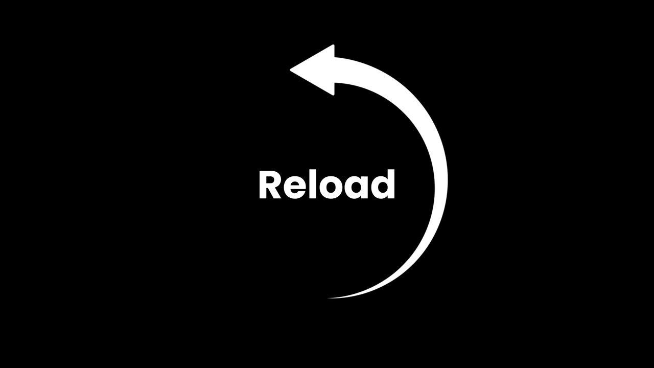 Reload text with circular arrow icon animation isolated on black background