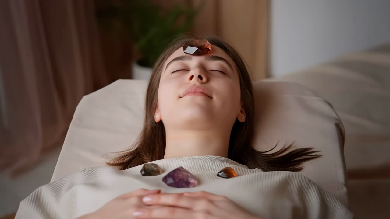 Woman receiving crystal healing therapy for relaxation and well-being