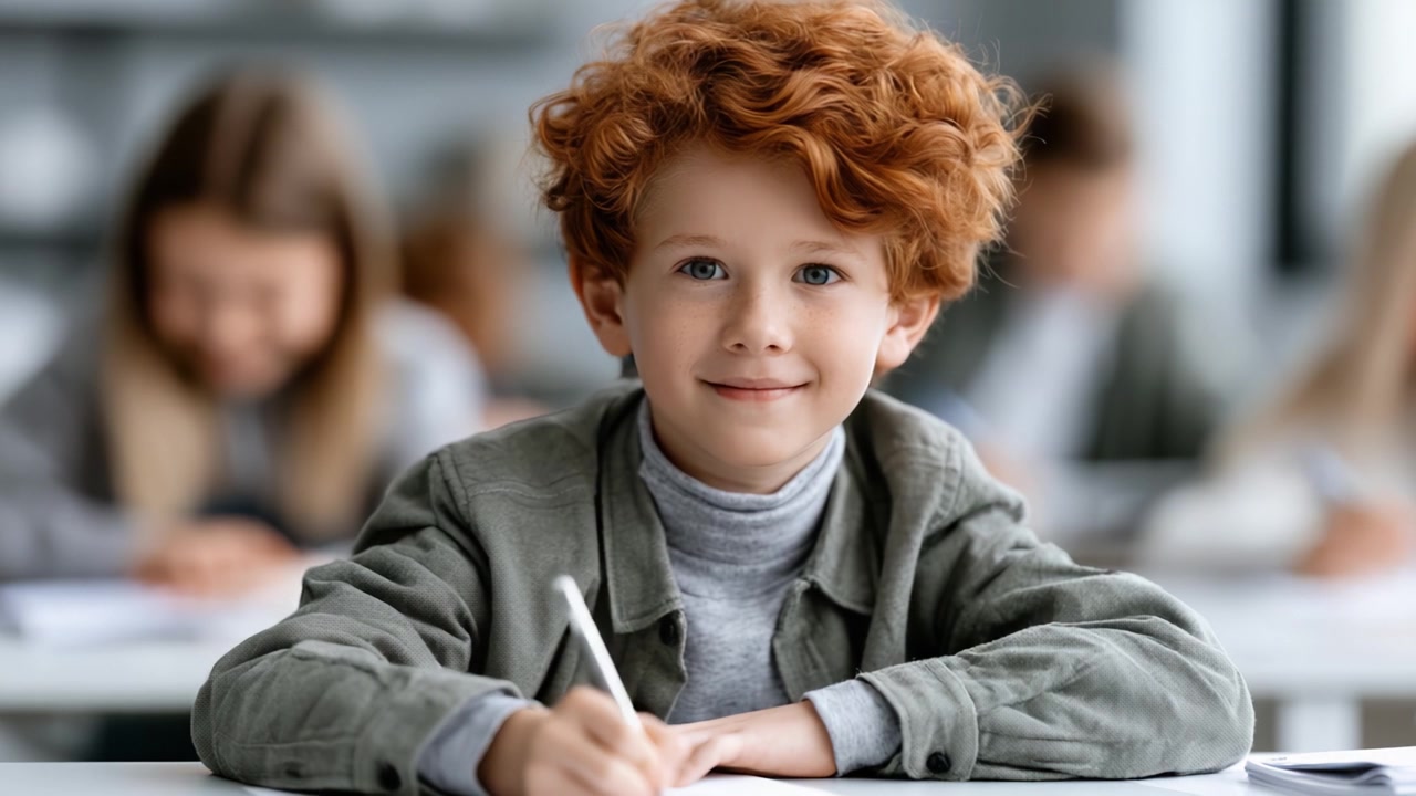 Giovane Studente Impegnato con Capelli Rossi che Partecipa ad Attività in Classe ed Esprime la Creatività Attraverso la Scrittura in un Ambiente di Apprendimento Luminoso.