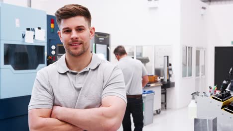 portrait of male engineer on factory floor of busy workshop