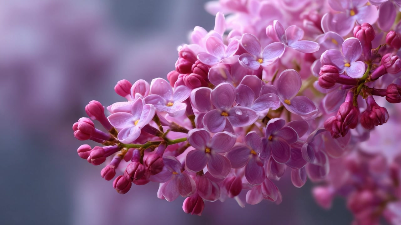 Verbluffende close-up van delicate seringbloemen die hun zachtroze en paarse bloemblaadjes in volle bloei tonen, vastgelegd met een onscherpte van de natuurlijke schoonheid op de achtergrond