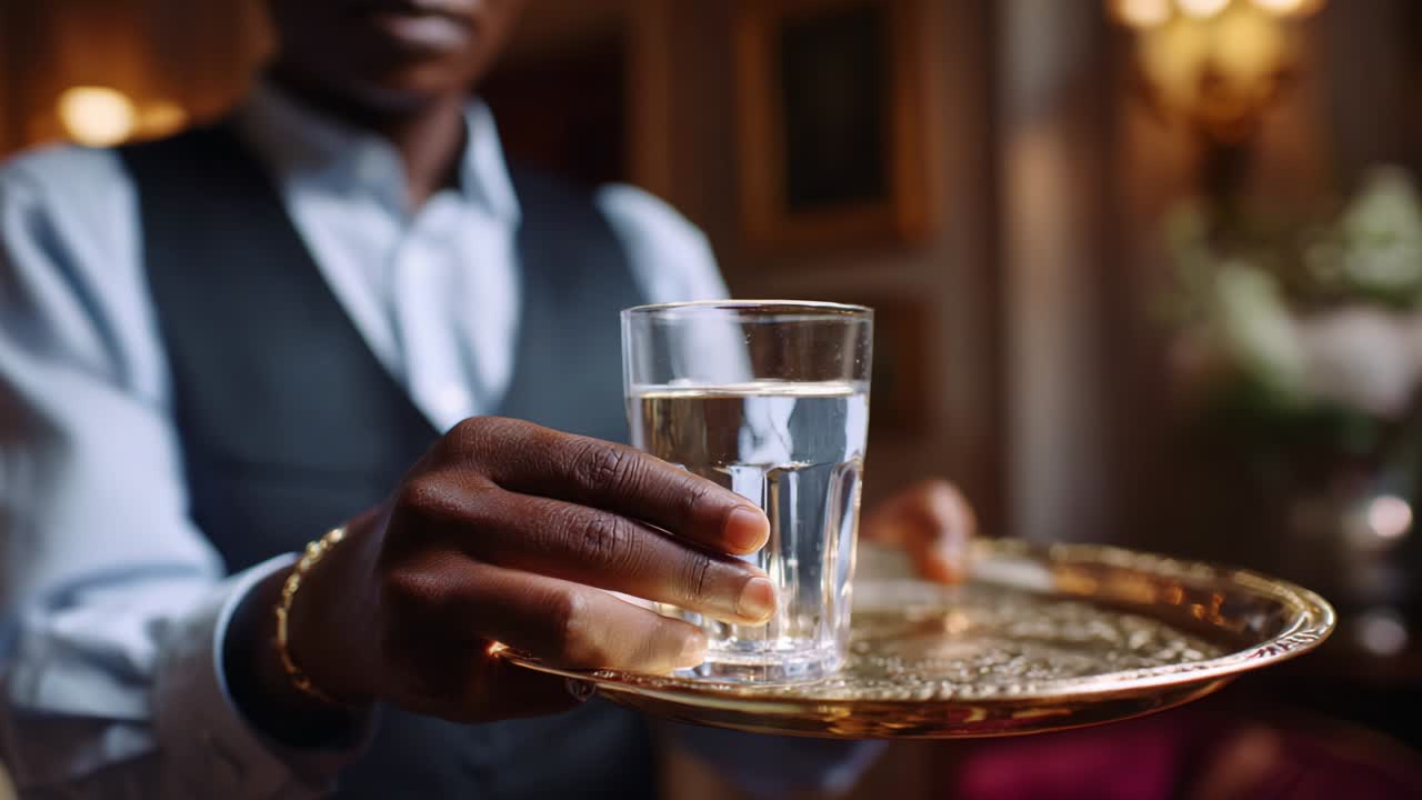 Un cameriere professionista serve con eleganza un bicchiere d'acqua su un vassoio d'oro lucido, dimostrando attenzione ai dettagli e qualità del servizio in un ambiente sofisticato, sottolineando l'ospitalità e la raffinatezza