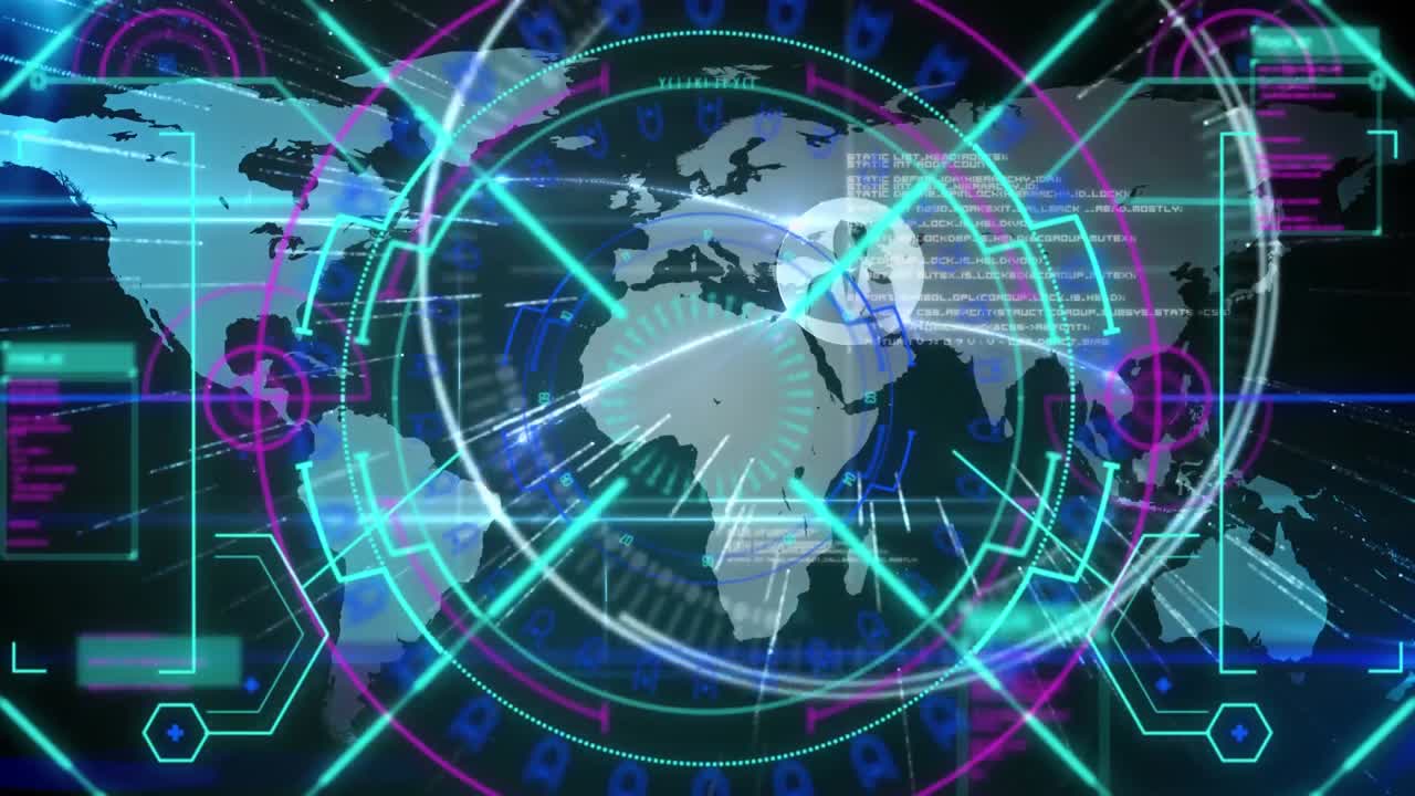 파란색 배경의 세계 지도에 대한 데이터 처리와 함께 범위 스캐너의 디지털 애니메이션