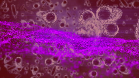 animation of purple wave over moving cells on red background
