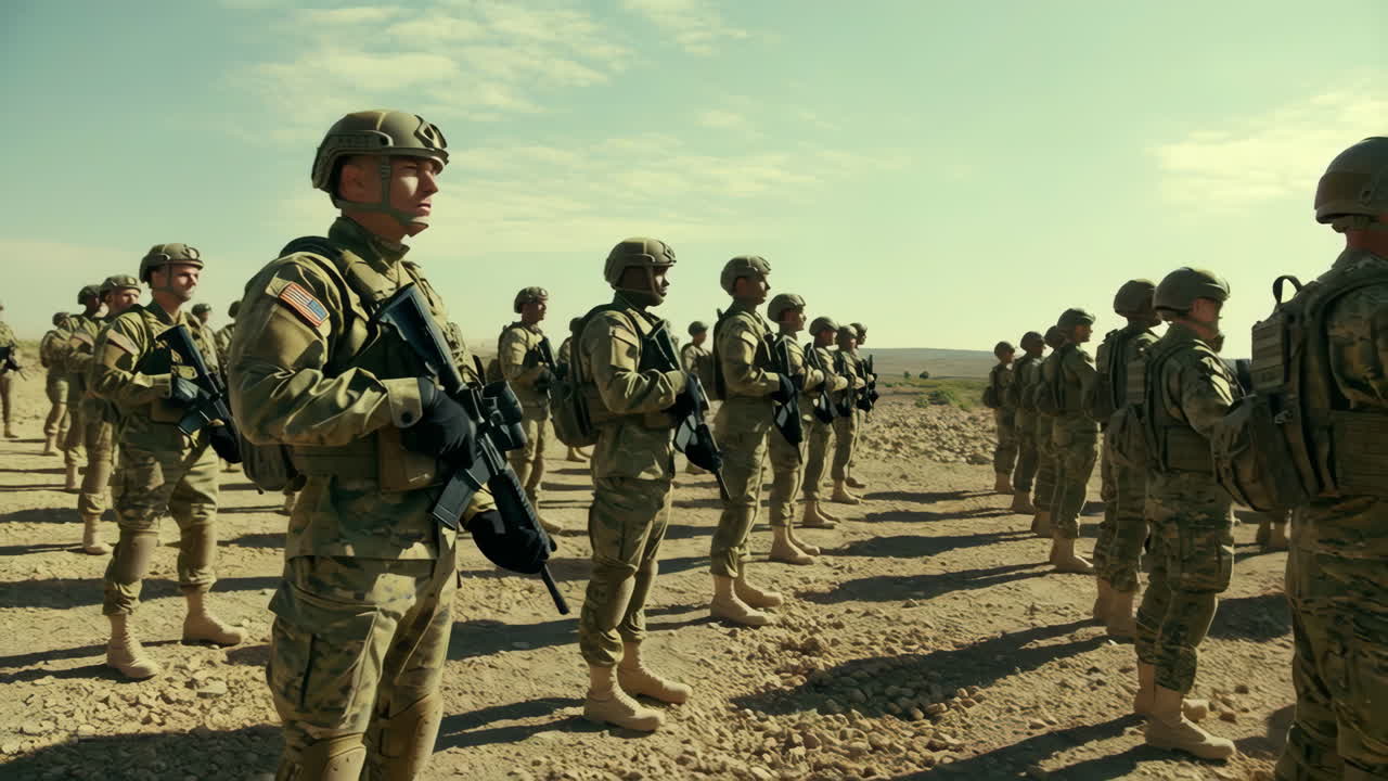 Soldiers in formation in a desert environment