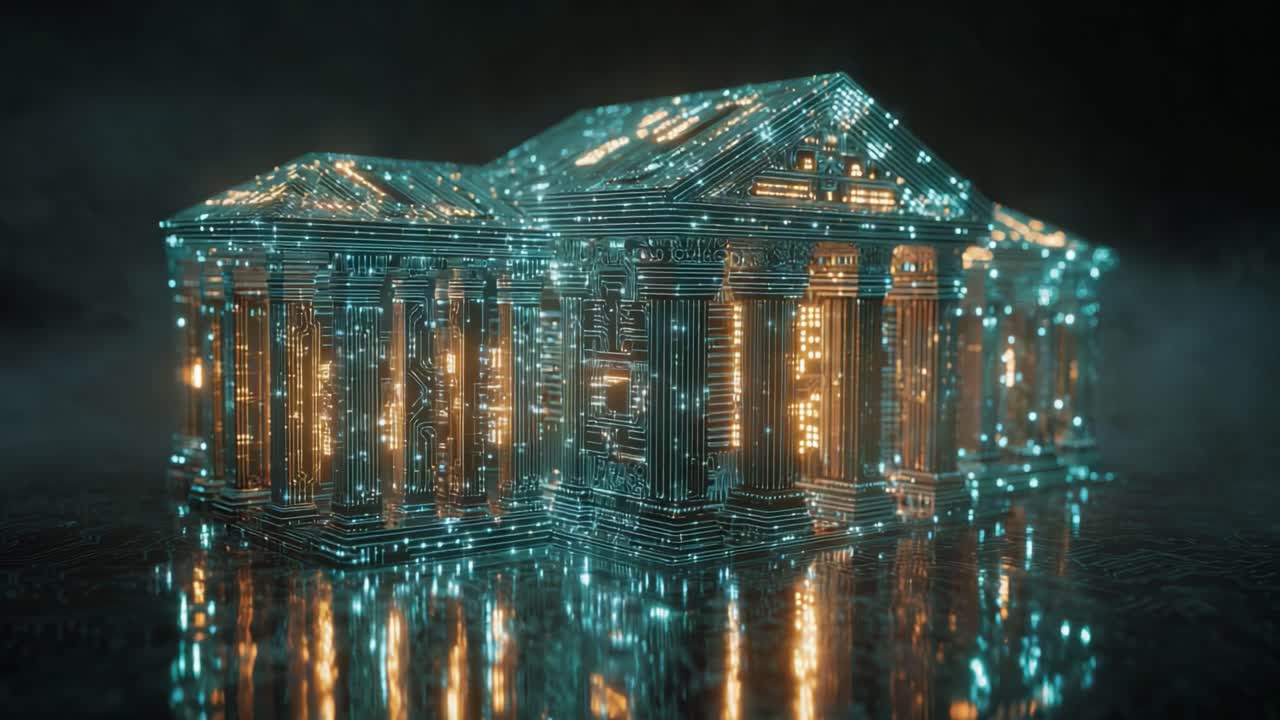 Futuristic bank building constructed from a printed circuit board, symbolizing the convergence of traditional finance with modern digital technology, fintech innovation, and online banking systems