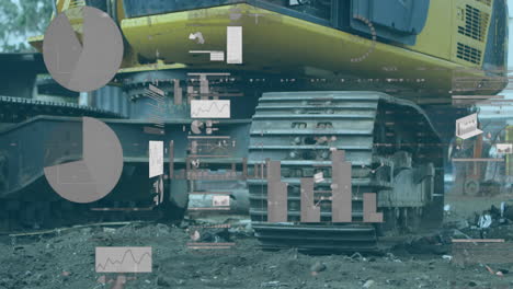 procesamiento de datos financieros contra la excavadora que trabaja en un sitio industrial urbano