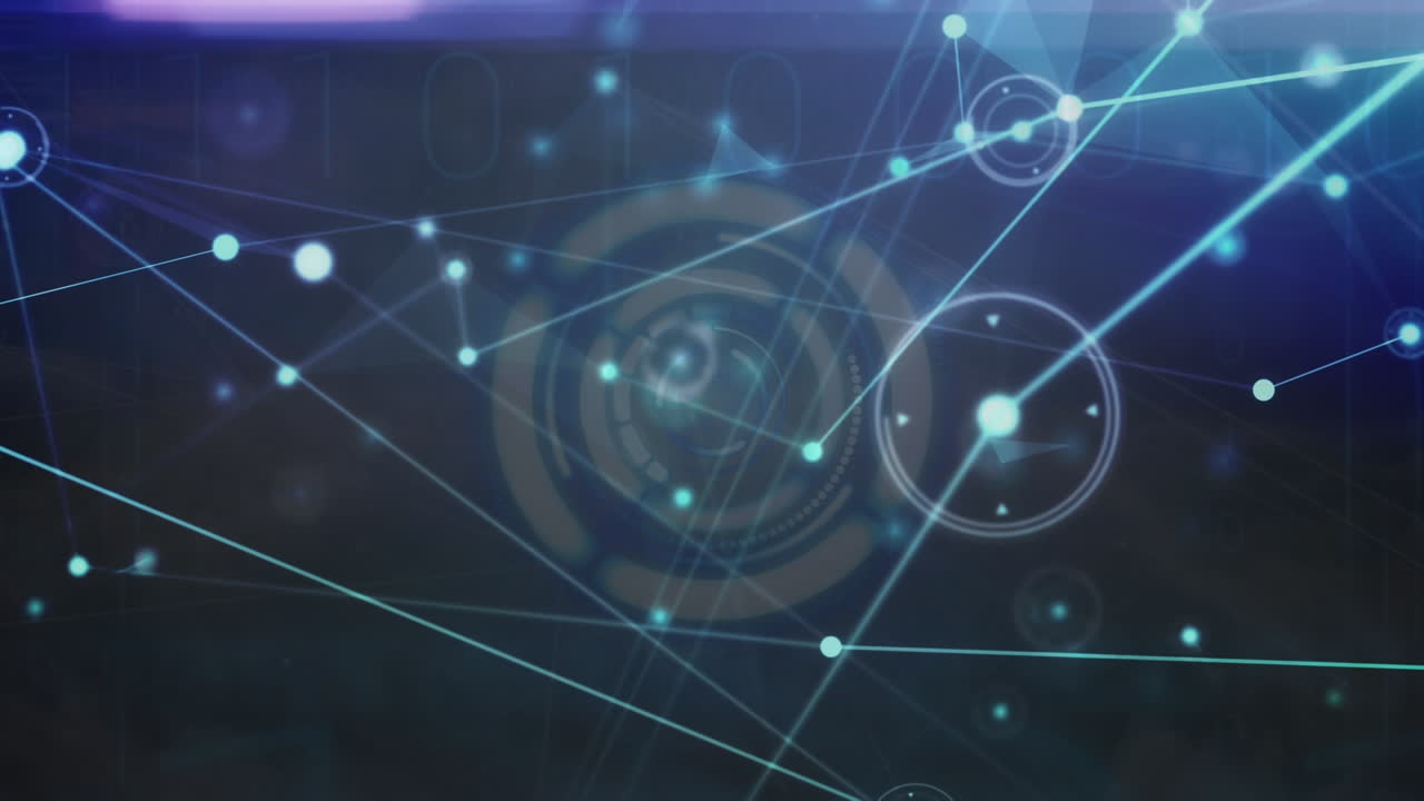 Animation of network of connections with light spots over scope scanning on black background