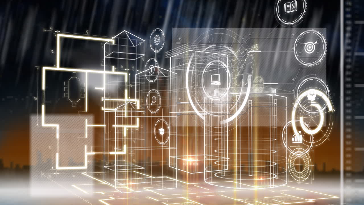 animación de diversos datos e íconos en una pantalla digital