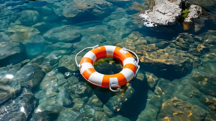 A life preserver floating in the clear water of a lake