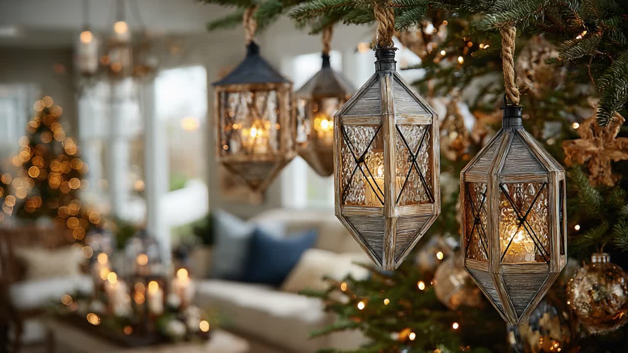 Una scena natalizia accogliente e invitante con bellissime lanterne appese con eleganza a un albero di Natale festivo, circondato da un soggiorno decorato in modo confortevole
