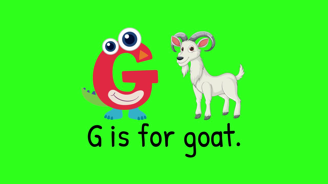Animated letter G interacts with a cartoon goat on a green background, emphasizing the alphabet in a playful style