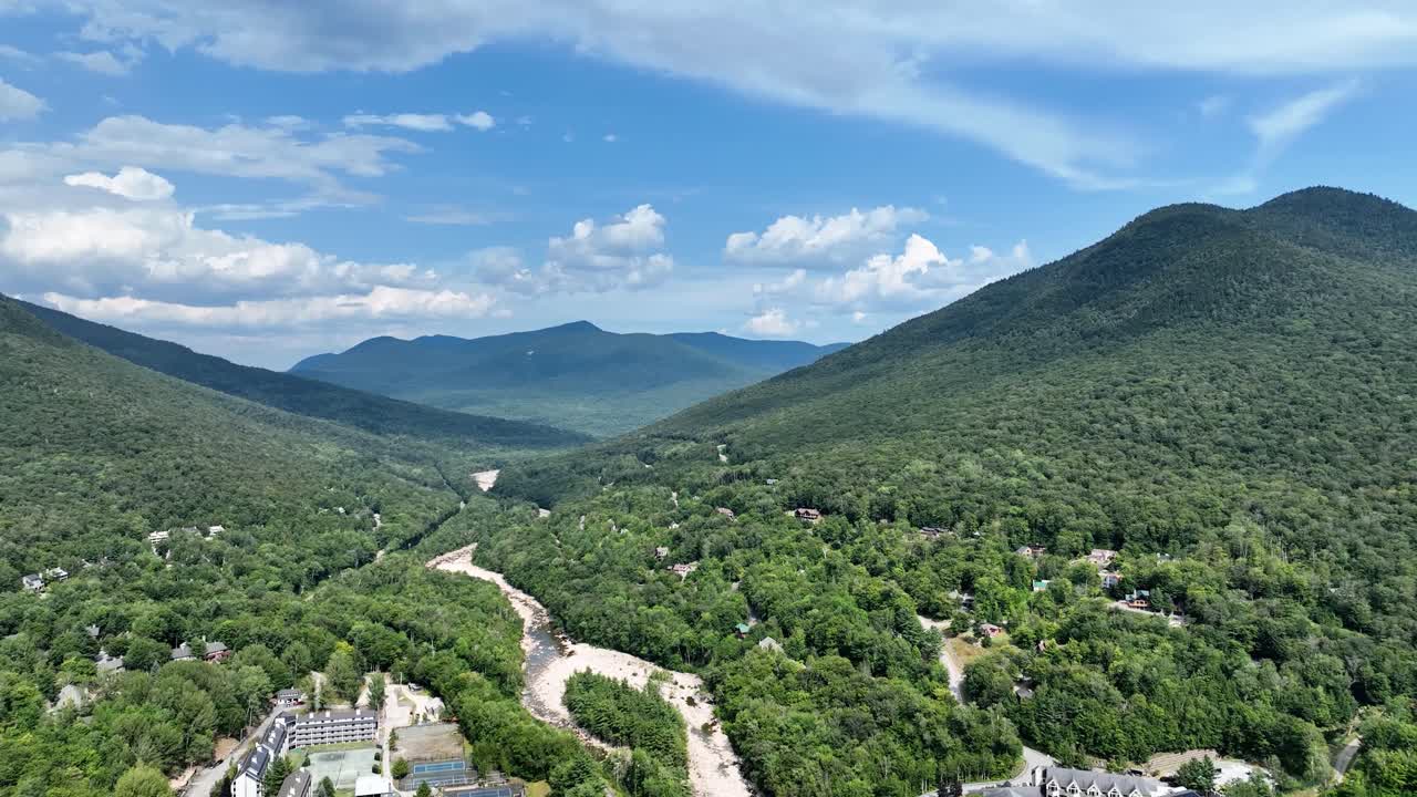 Aerial view of Lincoln, New Hampshire and White Mountains on a summer day