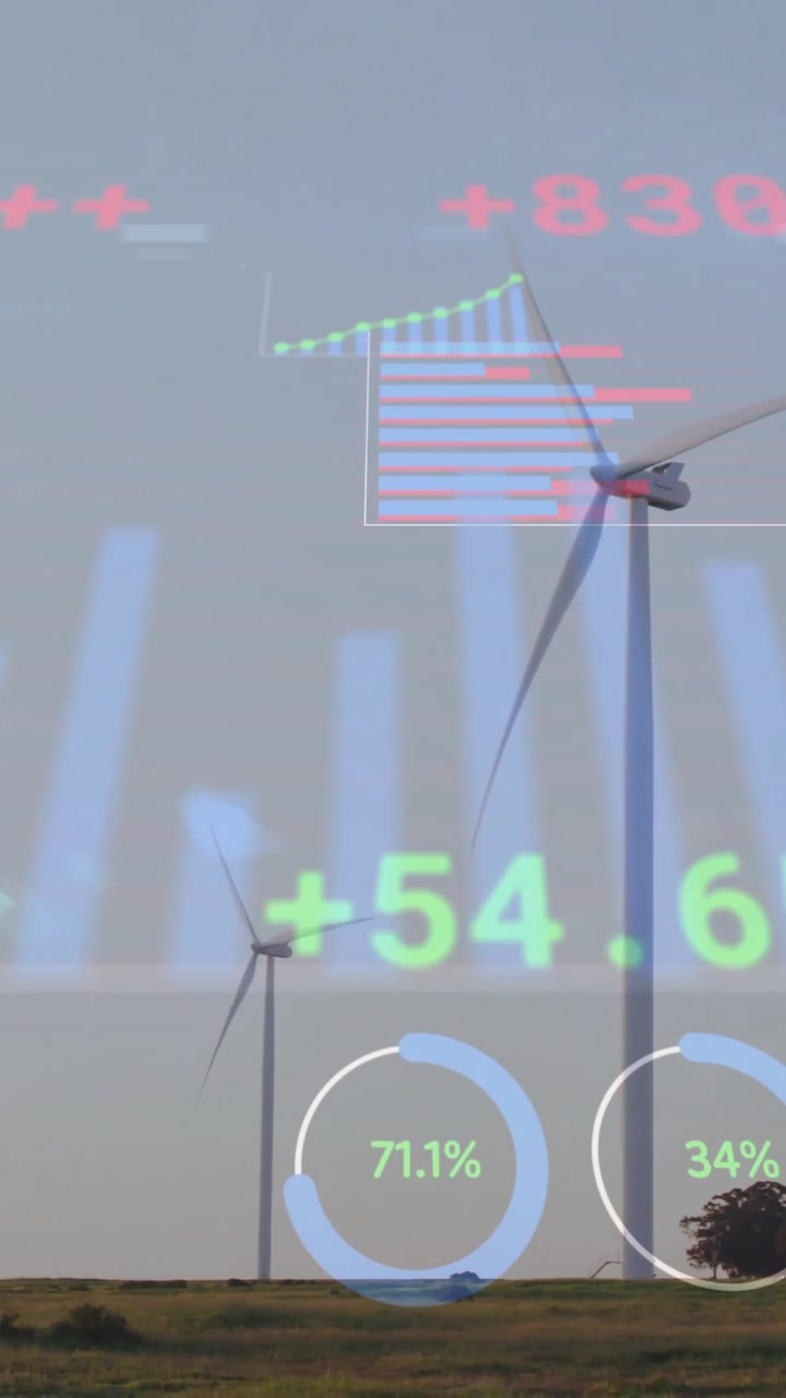 Financial data and graphs animation over wind turbines in field