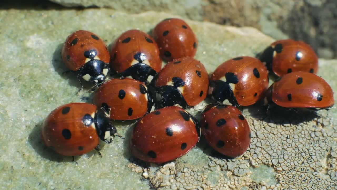 Close up shot of a group of hibernating ladybugs