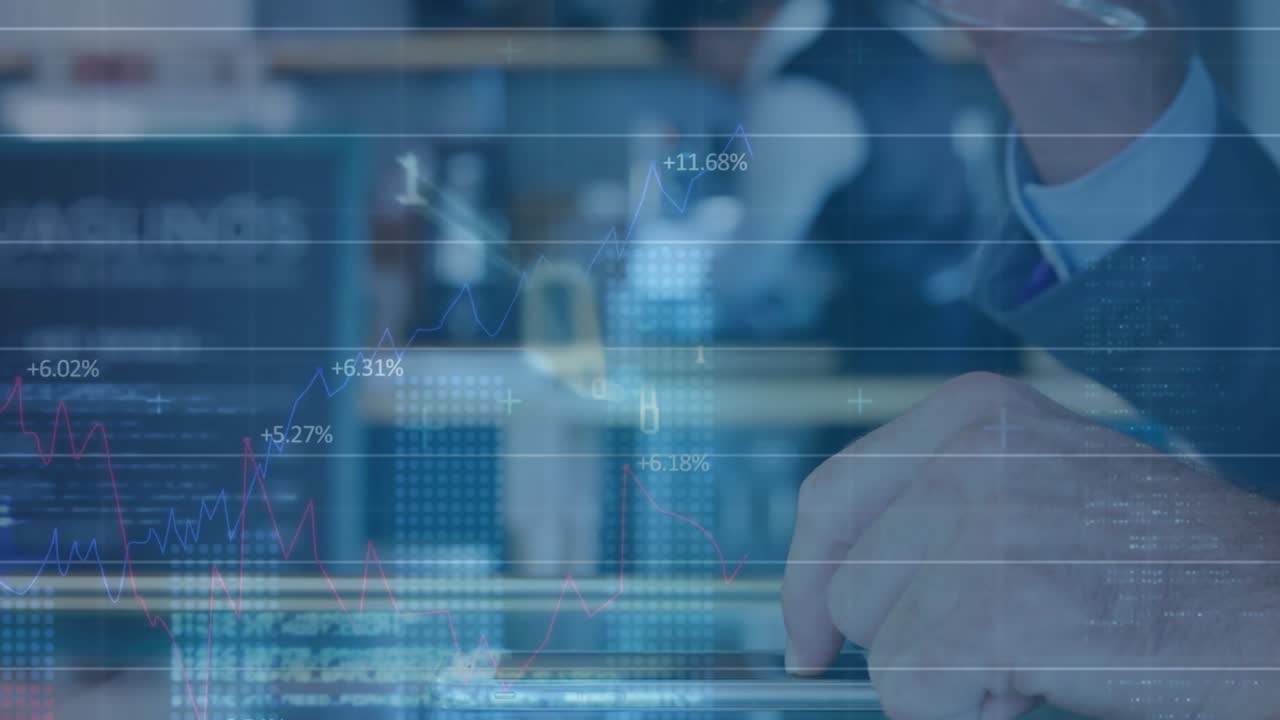 Businessman tapping tablet and lifting wine glass, causing HUD charts animating for finance review