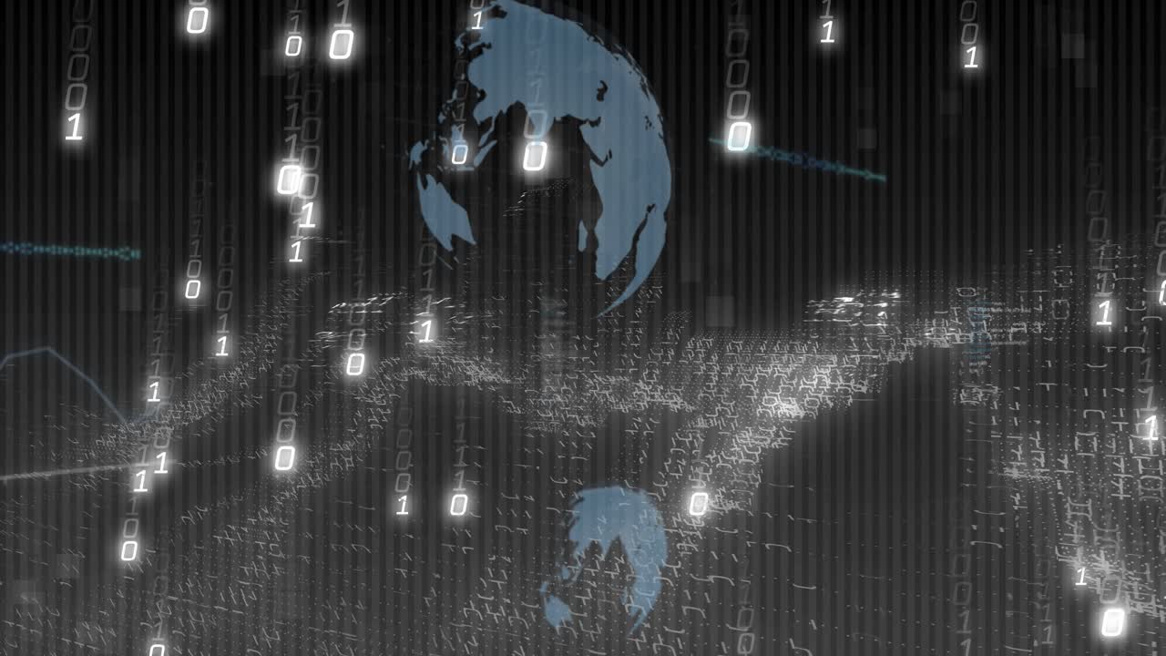 Starting with dark noise, big blue globe rising while binary columns falling, visualizing data flow