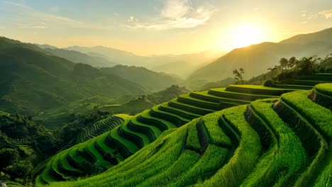 una vista de un campo de arroz verde con montañas en el fondo